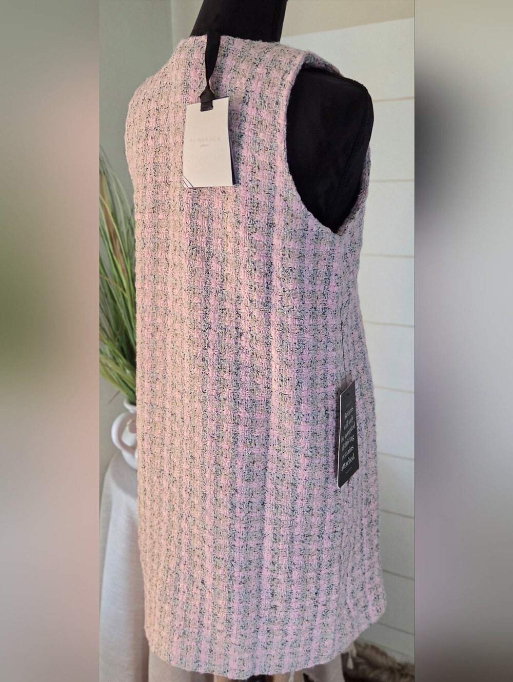 NWT Pomander Place Tuckernuck Pink Tweed Double Breasted Mini Vest Dress Large - Picture 4 of 7